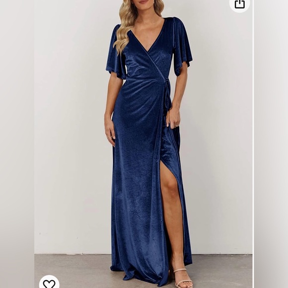 MEROKEETY Women's V Neck Wrap Velvet Maxi Dress Bell Sleeve Split Bridesmaid - Picture 2 of 10